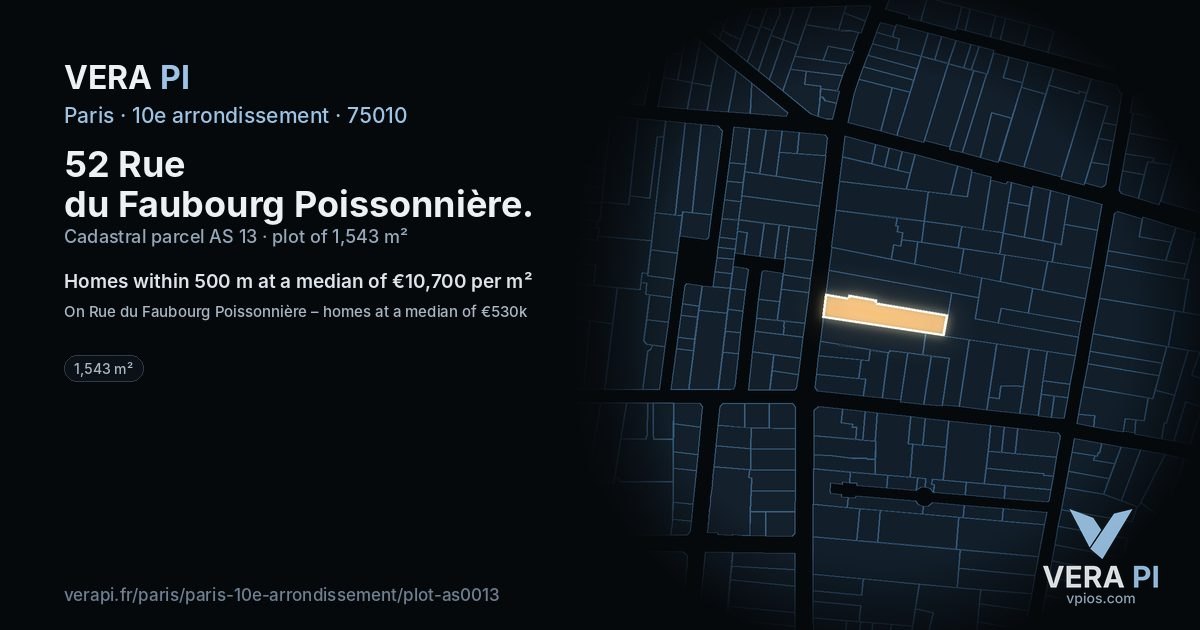 52 Rue du Faubourg Poissonnière, 10e arrondissement at night – the plot lit, the parcels around coloured by the prices near them