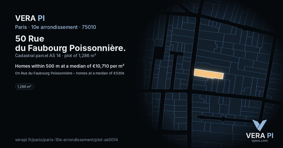 50 Rue du Faubourg Poissonnière, 10e arrondissement at night – the plot lit, the parcels around coloured by the prices near them