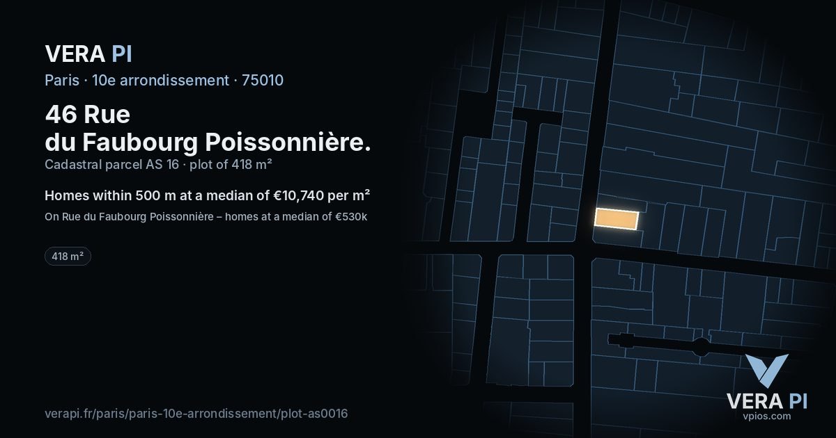 46 Rue du Faubourg Poissonnière, 10e arrondissement at night – the plot lit, the parcels around coloured by the prices near them