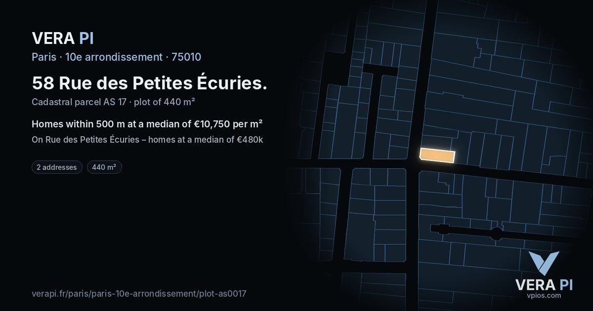 58 Rue des Petites Écuries, 10e arrondissement at night – the plot lit, the parcels around coloured by the prices near them