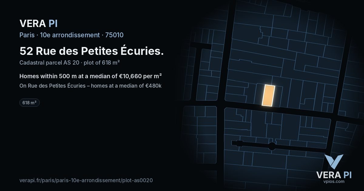 52 Rue des Petites Écuries, 10e arrondissement at night – the plot lit, the parcels around coloured by the prices near them