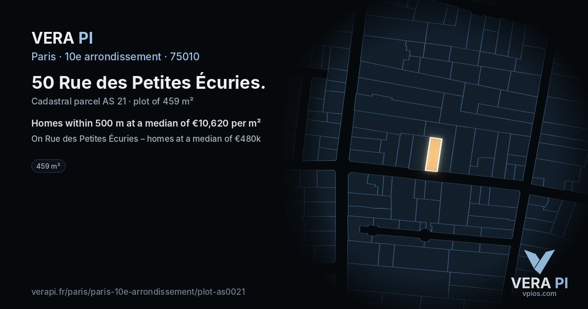 50 Rue des Petites Écuries, 10e arrondissement at night – the plot lit, the parcels around coloured by the prices near them