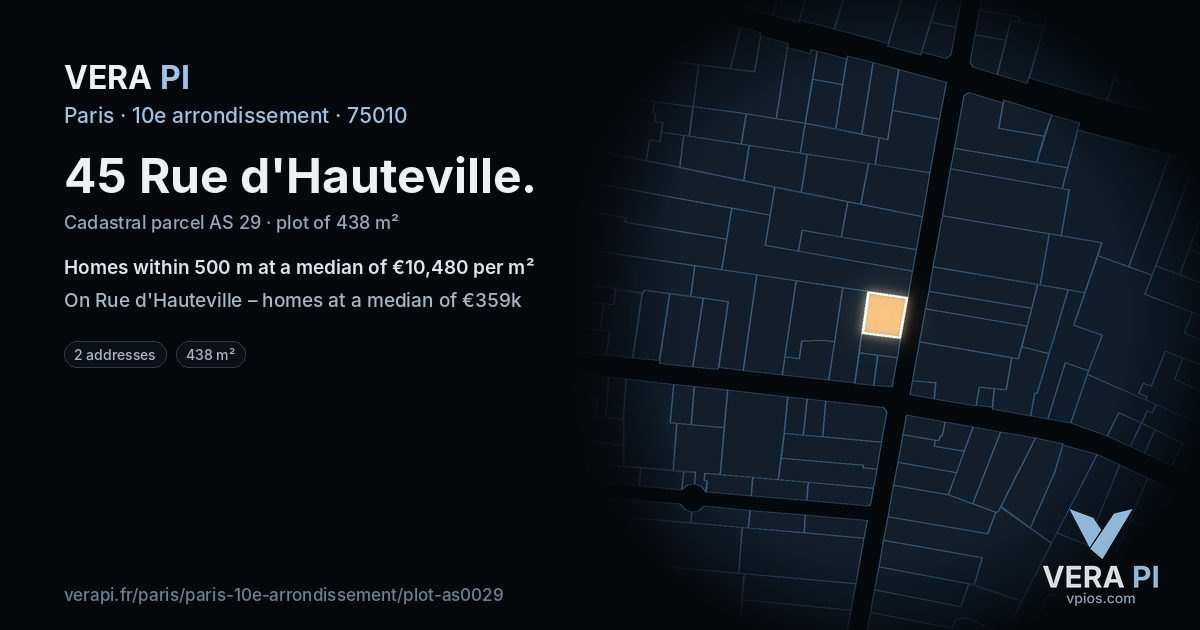 45 Rue d'Hauteville, 10e arrondissement at night – the plot lit, the parcels around coloured by the prices near them