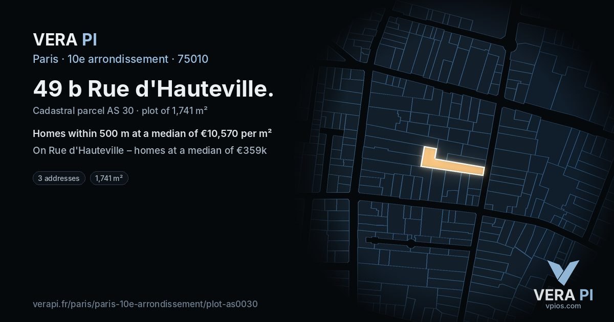 49 b Rue d'Hauteville, 10e arrondissement at night – the plot lit, the parcels around coloured by the prices near them