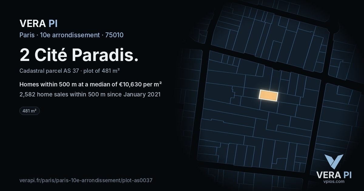 2 Cité Paradis, 10e arrondissement at night – the plot lit, the parcels around coloured by the prices near them