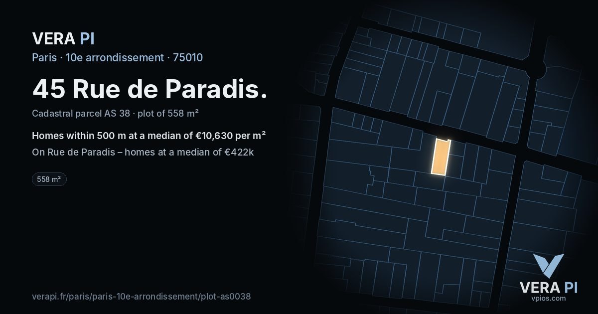 45 Rue de Paradis, 10e arrondissement at night – the plot lit, the parcels around coloured by the prices near them