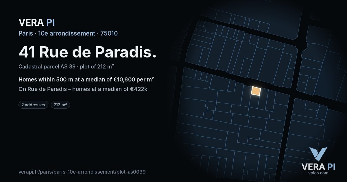 41 Rue de Paradis, 10e arrondissement at night – the plot lit, the parcels around coloured by the prices near them