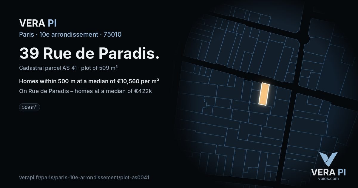39 Rue de Paradis, 10e arrondissement at night – the plot lit, the parcels around coloured by the prices near them