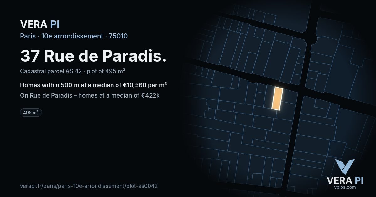 37 Rue de Paradis, 10e arrondissement at night – the plot lit, the parcels around coloured by the prices near them