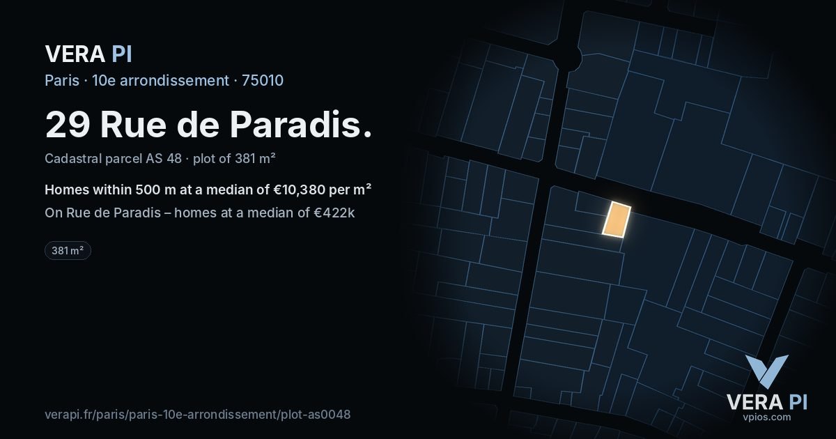 29 Rue de Paradis, 10e arrondissement at night – the plot lit, the parcels around coloured by the prices near them