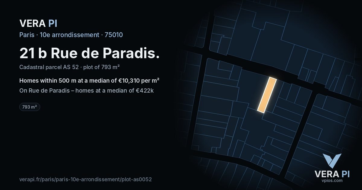 21 b Rue de Paradis, 10e arrondissement at night – the plot lit, the parcels around coloured by the prices near them