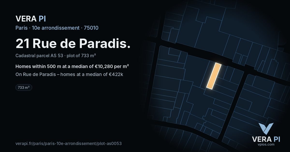 21 Rue de Paradis, 10e arrondissement at night – the plot lit, the parcels around coloured by the prices near them
