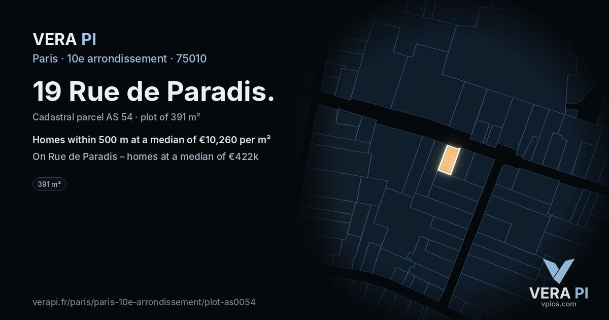 19 Rue de Paradis, 10e arrondissement at night – the plot lit, the parcels around coloured by the prices near them