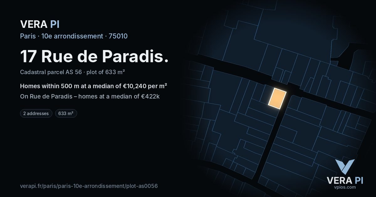 17 Rue de Paradis, 10e arrondissement at night – the plot lit, the parcels around coloured by the prices near them