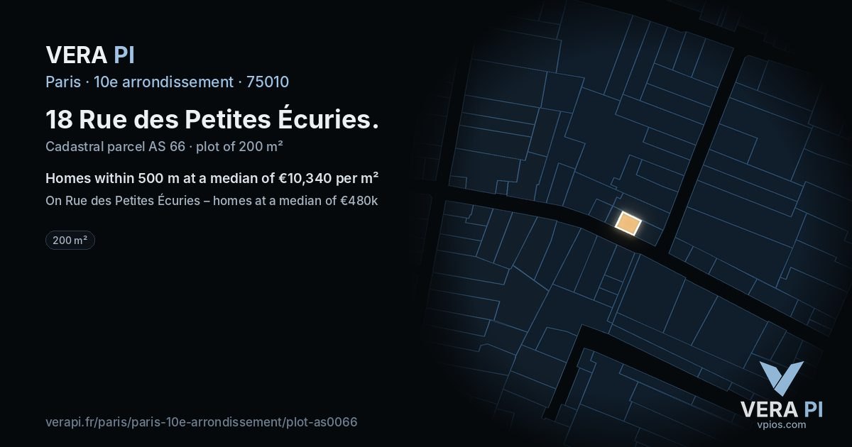 18 Rue des Petites Écuries, 10e arrondissement at night – the plot lit, the parcels around coloured by the prices near them