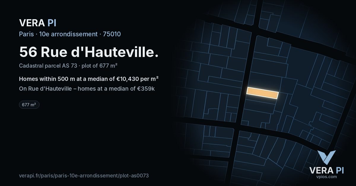 56 Rue d'Hauteville, 10e arrondissement at night – the plot lit, the parcels around coloured by the prices near them