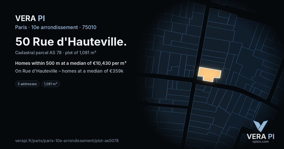 50 Rue d'Hauteville, 10e arrondissement at night – the plot lit, the parcels around coloured by the prices near them