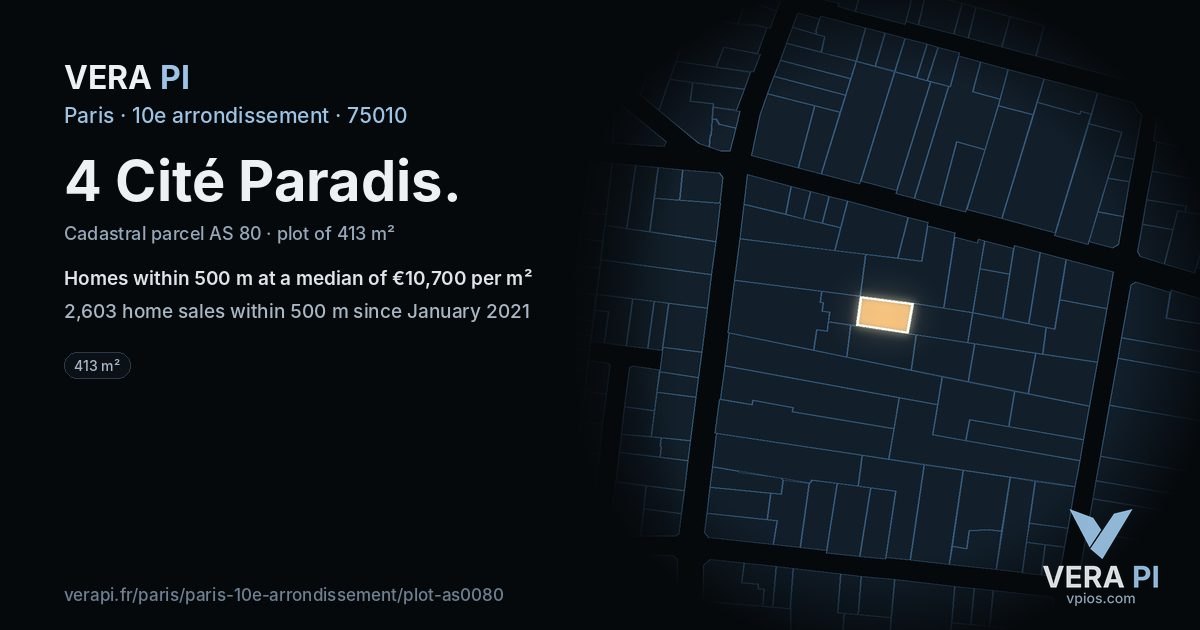 4 Cité Paradis, 10e arrondissement at night – the plot lit, the parcels around coloured by the prices near them