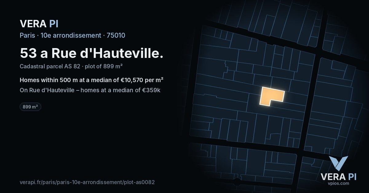 53 a Rue d'Hauteville, 10e arrondissement at night – the plot lit, the parcels around coloured by the prices near them