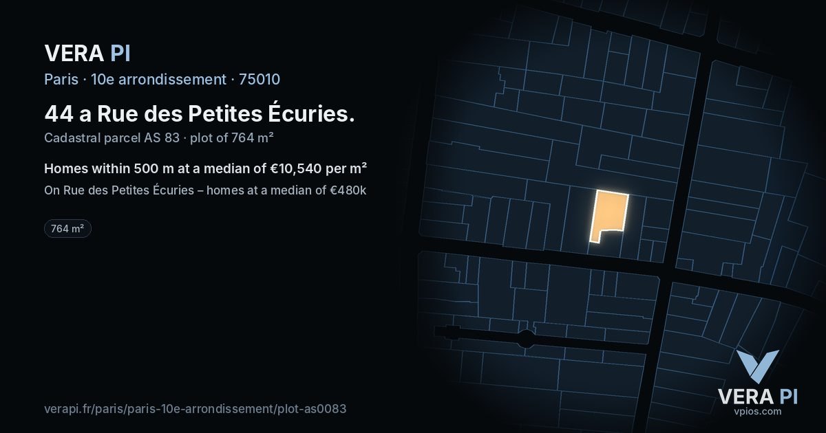 44 a Rue des Petites Écuries, 10e arrondissement at night – the plot lit, the parcels around coloured by the prices near them