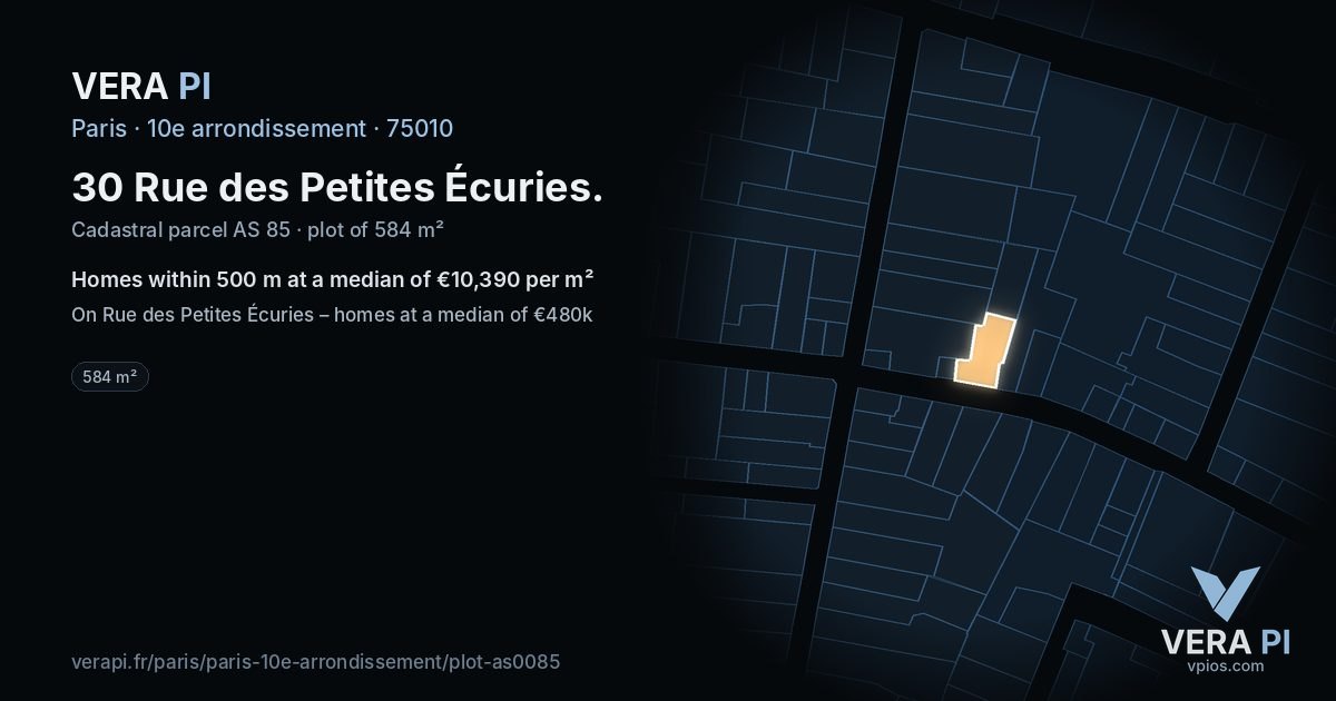 30 Rue des Petites Écuries, 10e arrondissement at night – the plot lit, the parcels around coloured by the prices near them