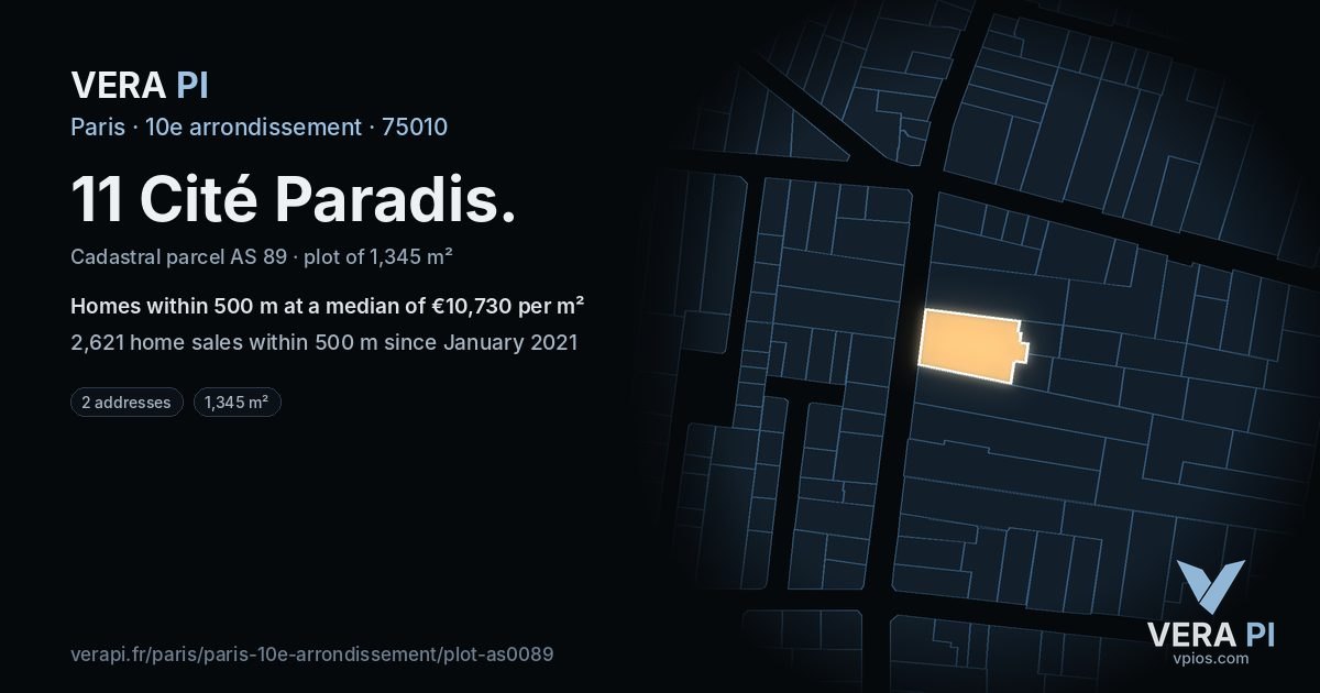 11 Cité Paradis, 10e arrondissement at night – the plot lit, the parcels around coloured by the prices near them