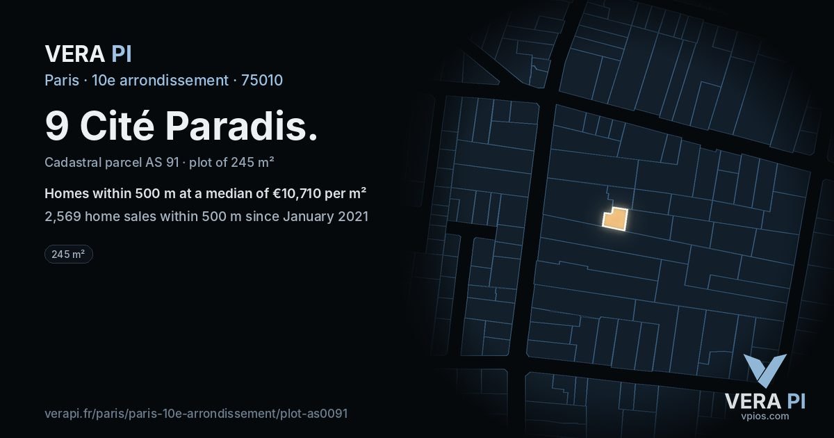 9 Cité Paradis, 10e arrondissement at night – the plot lit, the parcels around coloured by the prices near them