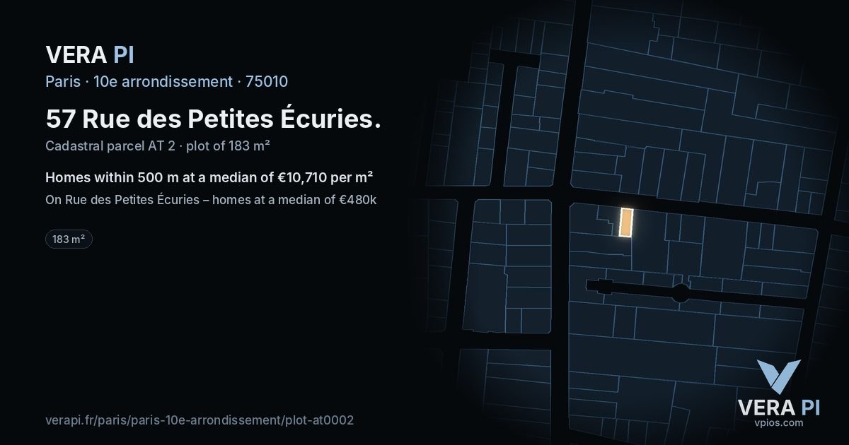 57 Rue des Petites Écuries, 10e arrondissement at night – the plot lit, the parcels around coloured by the prices near them