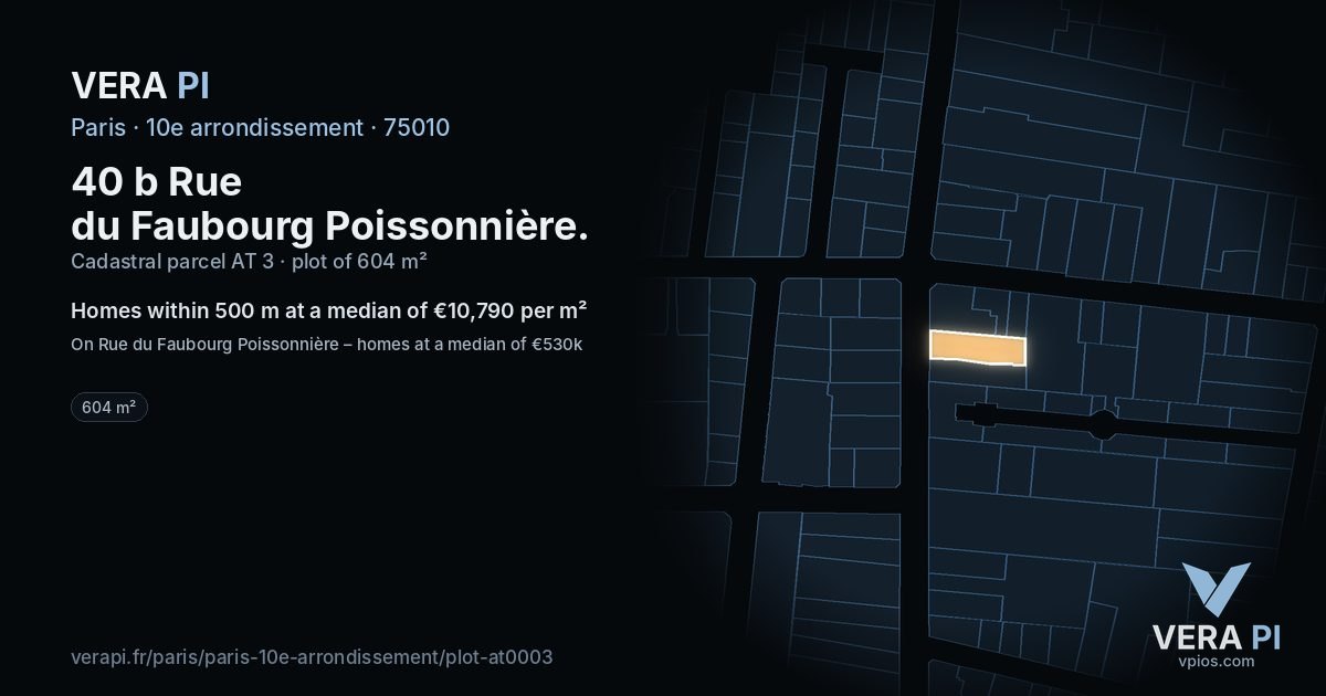 40 b Rue du Faubourg Poissonnière, 10e arrondissement at night – the plot lit, the parcels around coloured by the prices near them