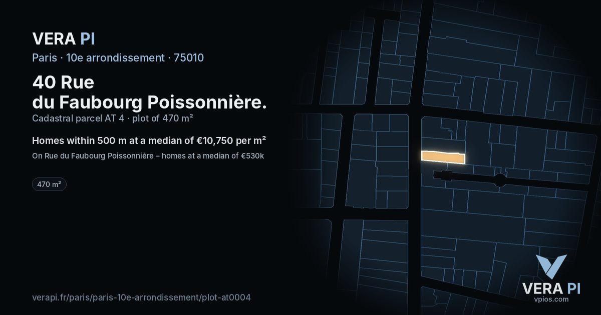 40 Rue du Faubourg Poissonnière, 10e arrondissement at night – the plot lit, the parcels around coloured by the prices near them
