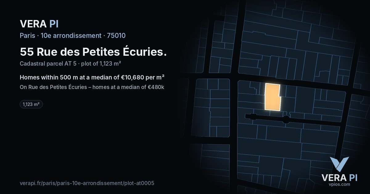 55 Rue des Petites Écuries, 10e arrondissement at night – the plot lit, the parcels around coloured by the prices near them
