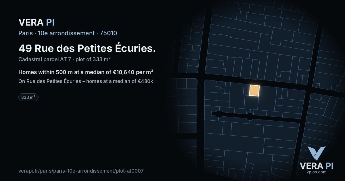 49 Rue des Petites Écuries, 10e arrondissement at night – the plot lit, the parcels around coloured by the prices near them