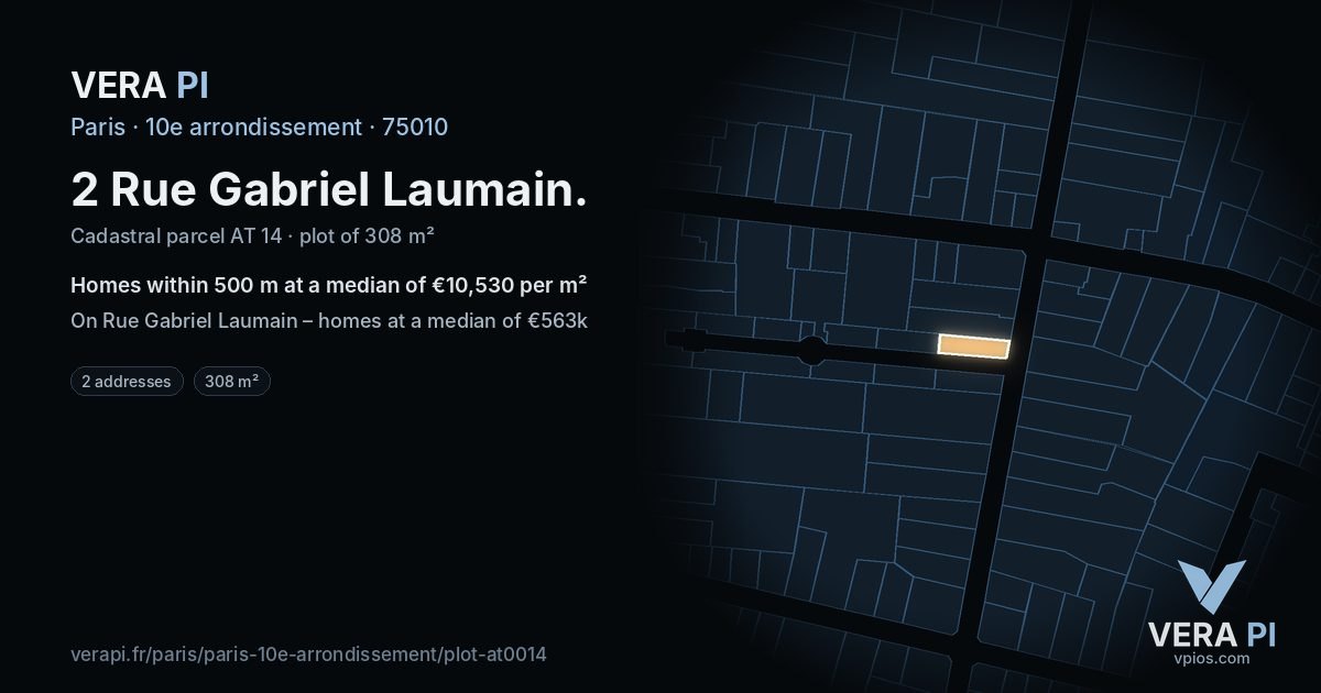 2 Rue Gabriel Laumain, 10e arrondissement at night – the plot lit, the parcels around coloured by the prices near them