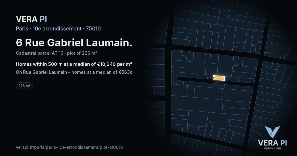 6 Rue Gabriel Laumain, 10e arrondissement at night – the plot lit, the parcels around coloured by the prices near them