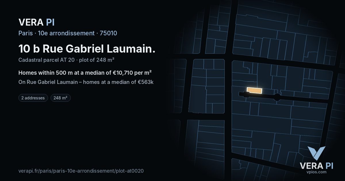 10 b Rue Gabriel Laumain, 10e arrondissement at night – the plot lit, the parcels around coloured by the prices near them
