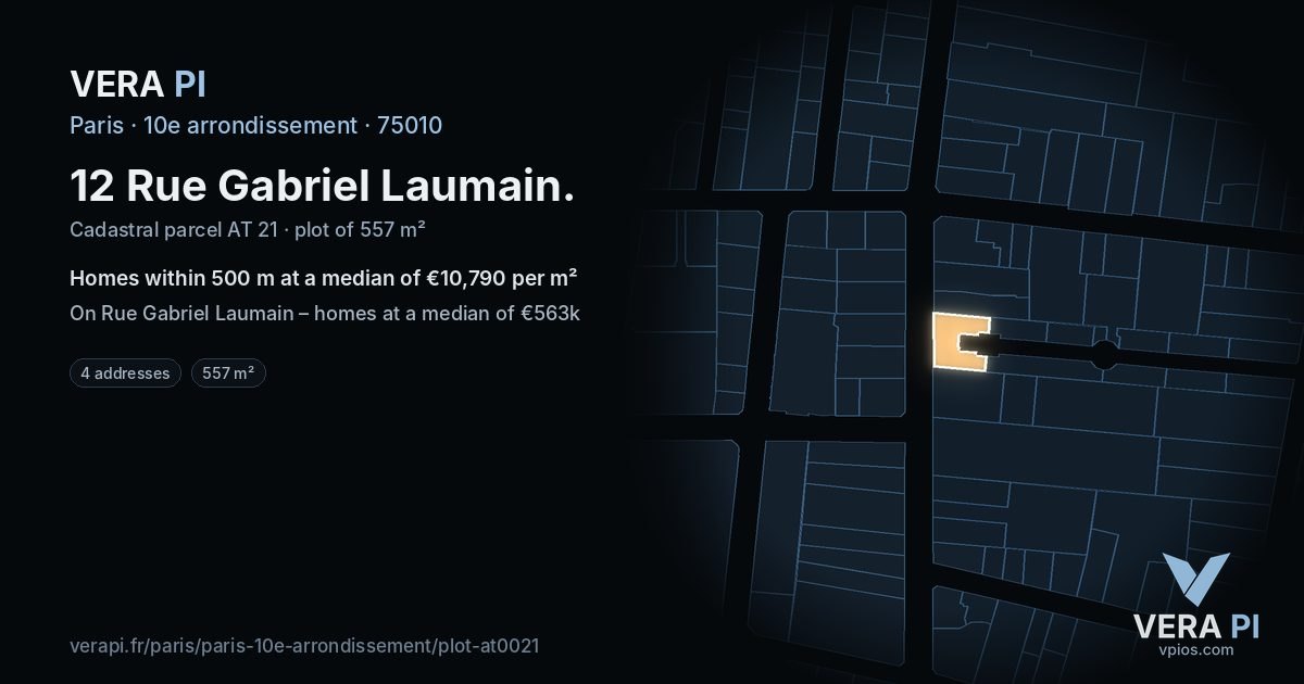 12 Rue Gabriel Laumain, 10e arrondissement at night – the plot lit, the parcels around coloured by the prices near them