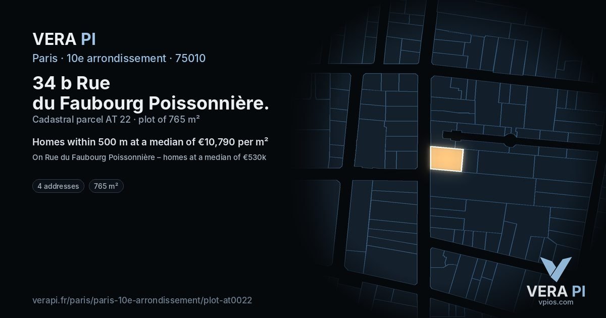 34 b Rue du Faubourg Poissonnière, 10e arrondissement at night – the plot lit, the parcels around coloured by the prices near them