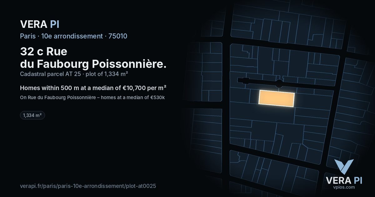 32 c Rue du Faubourg Poissonnière, 10e arrondissement at night – the plot lit, the parcels around coloured by the prices near them