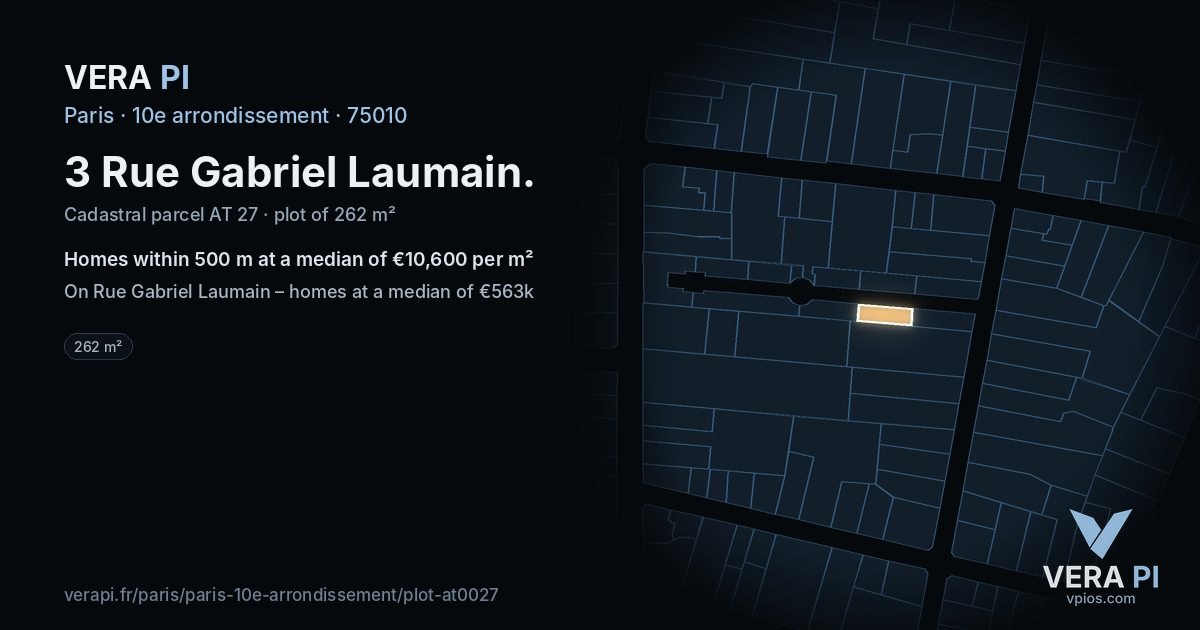 3 Rue Gabriel Laumain, 10e arrondissement at night – the plot lit, the parcels around coloured by the prices near them