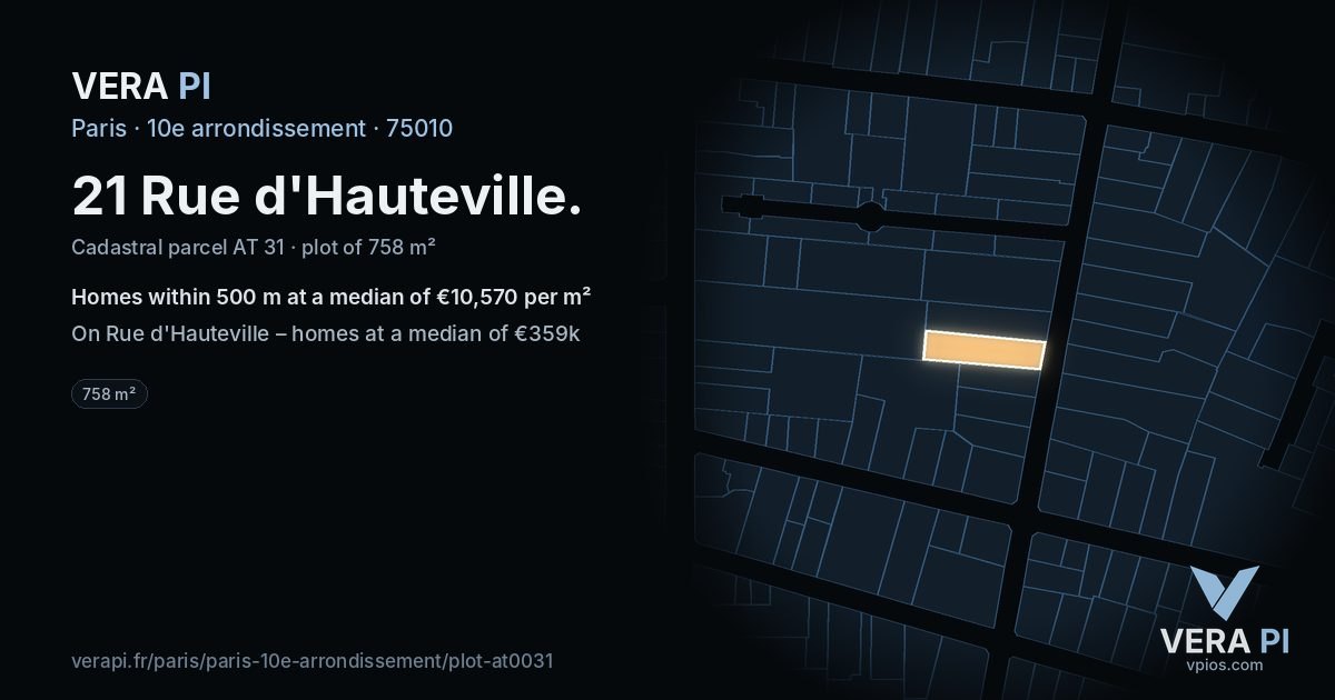 21 Rue d'Hauteville, 10e arrondissement at night – the plot lit, the parcels around coloured by the prices near them