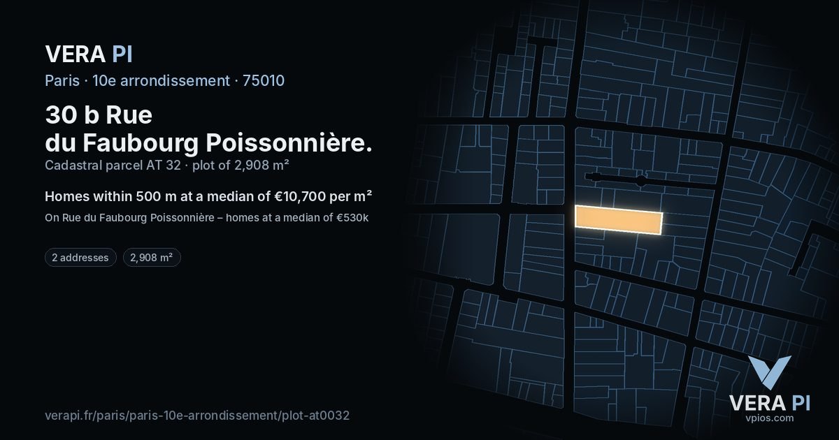 30 b Rue du Faubourg Poissonnière, 10e arrondissement at night – the plot lit, the parcels around coloured by the prices near them