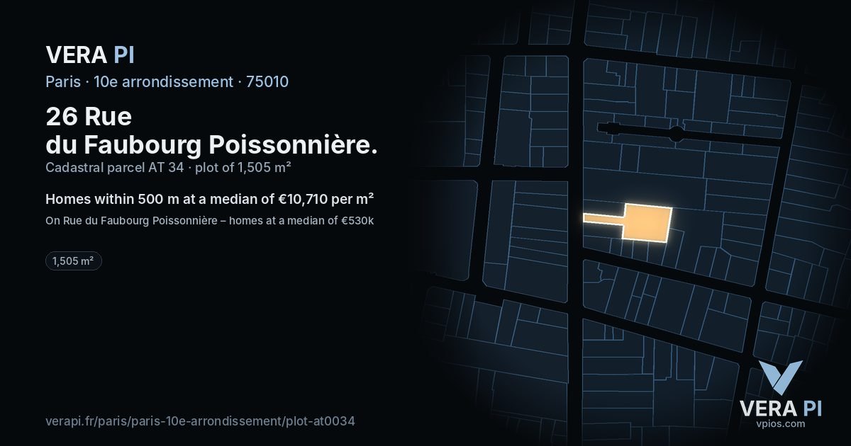 26 Rue du Faubourg Poissonnière, 10e arrondissement at night – the plot lit, the parcels around coloured by the prices near them
