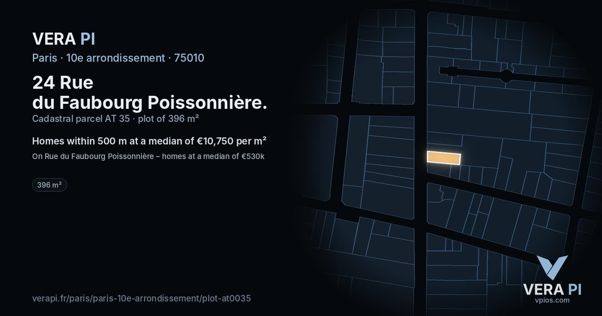 24 Rue du Faubourg Poissonnière, 10e arrondissement at night – the plot lit, the parcels around coloured by the prices near them