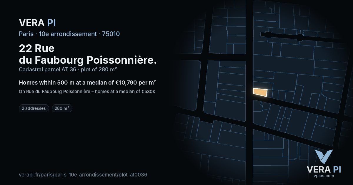 22 Rue du Faubourg Poissonnière, 10e arrondissement at night – the plot lit, the parcels around coloured by the prices near them