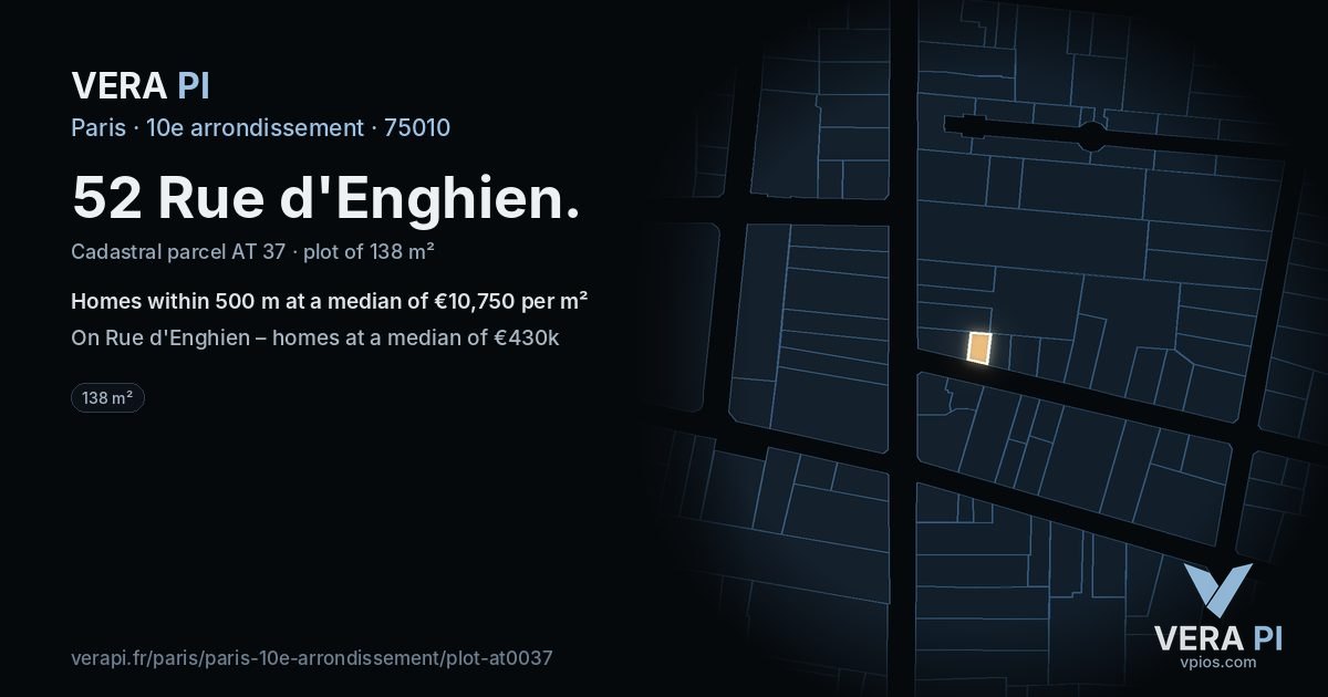 52 Rue d'Enghien, 10e arrondissement at night – the plot lit, the parcels around coloured by the prices near them