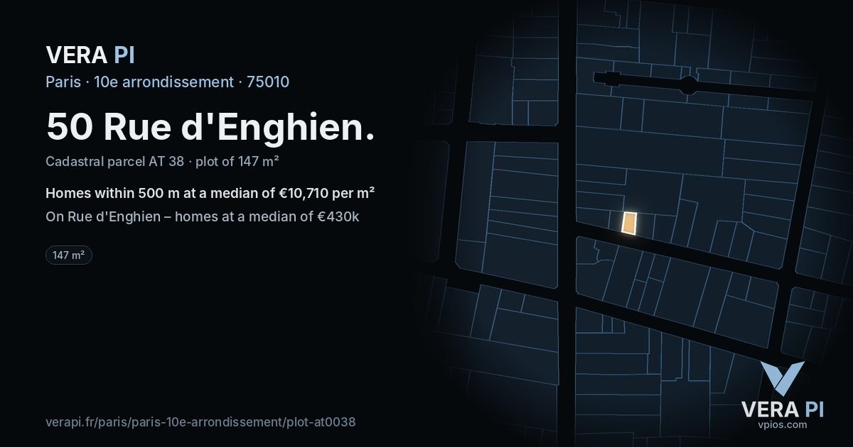 50 Rue d'Enghien, 10e arrondissement at night – the plot lit, the parcels around coloured by the prices near them