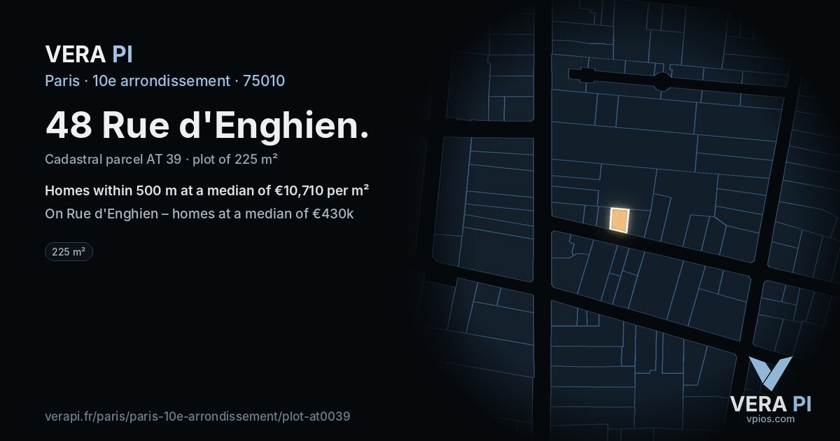 48 Rue d'Enghien, 10e arrondissement at night – the plot lit, the parcels around coloured by the prices near them