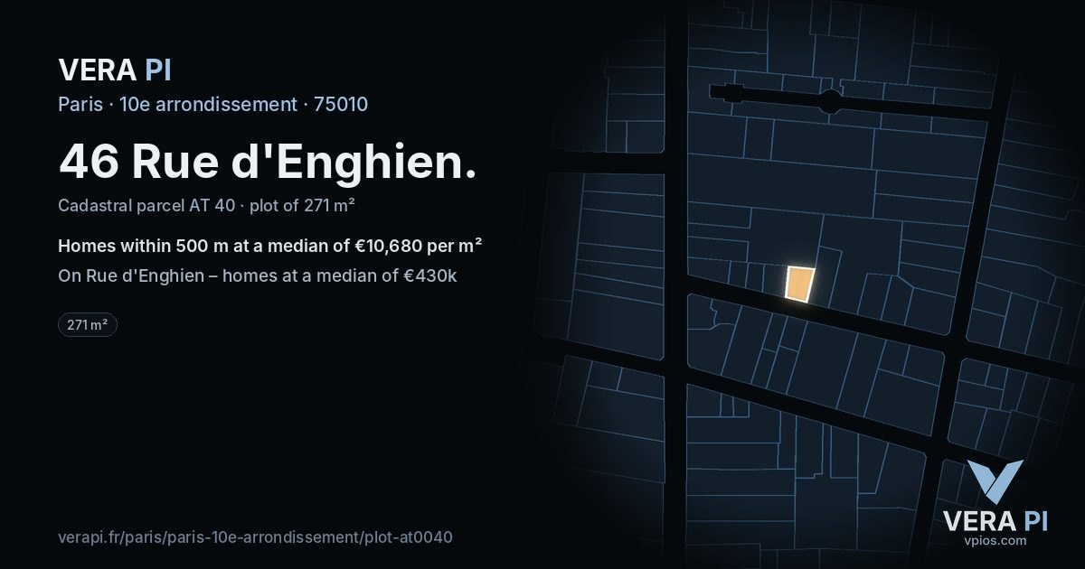 46 Rue d'Enghien, 10e arrondissement at night – the plot lit, the parcels around coloured by the prices near them