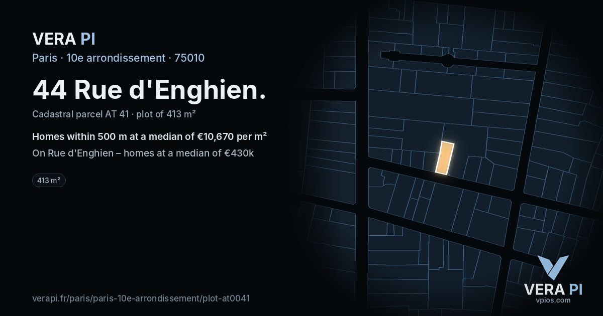 44 Rue d'Enghien, 10e arrondissement at night – the plot lit, the parcels around coloured by the prices near them