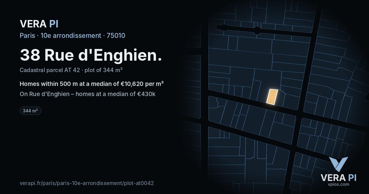 38 Rue d'Enghien, 10e arrondissement at night – the plot lit, the parcels around coloured by the prices near them